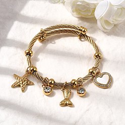 Настоящее золото 18K 304 Браслеты с подвесками из нержавеющей стали для женщин, морская звезда, рыбий хвост и сердце, с 201 бусинами из нержавеющей стали, стразами и ракушками, ионное покрытие (ip), реальный 18 k позолоченный, внутренний диаметр: 2-1/4 дюйм (5.8 см)