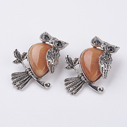 Красный Авантюрин Натуральный красный авантюрин подвески, Сплав с поиска, сова, античное серебро, 46.5x35.5x11.5 мм, отверстие : 6x8.5 мм