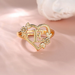 Letter E Сердце с цветком полые латунные перстни, золотые, Письмо E, внутренний диаметр: 17 мм