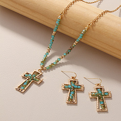 Средний Бирюзовый Ожерелья и серьги-подвески из цинкового сплава с крестом, золотые, средне бирюзовый, 540~610 мм