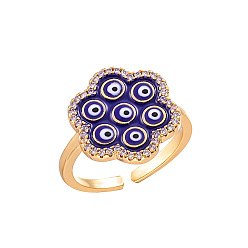 Цветок Браслет-манжета из латуни с микропаве из кубического циркония и эмалью для женщин., злые глаза, золотые, цветок, внутренний диаметр: 15~20 мм