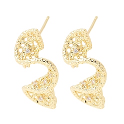 Настоящее золото 14K Серьги-гвоздики из латуни с прозрачным фианитом и прозрачным фианитом, волна, с петлей, реальный 14 k позолоченный, 24x13 мм, отверстие : 1.4 мм, штифты : 0.8x11 мм