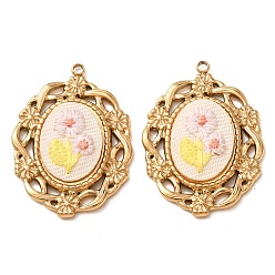 Misty Rose 304 Stainless Steel & Cloth Embroidered Pendants, Oval with Flower Charms, Ion Plating(IP), Long-Lasting Plated, Real 18K Gold Plated, Misty Rose, 33.5x25x3.5mm, Hole: 1.9mm