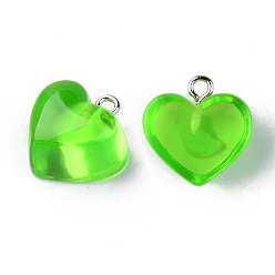 Зеленый лайм Прозрачные смоляные подвески, с платиновым тоном железная петля, сердце, зеленый лайм, 16.5x17x9.5 мм, отверстие : 1.8 мм