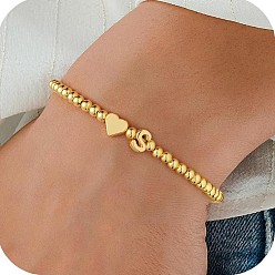 Letter S Эластичные браслеты из сплава бусин для женщин, сердце с письмом, золотые, Письмо с, 6.69 дюйм (17 см)