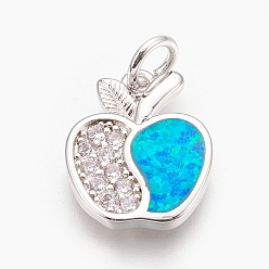 Платина Латунные микро проложить кубического циркония подвески, с синтетическим опалом, яблоко, глубокое синее небо, платина, 16x13x2 мм, отверстие : 4 мм