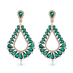 Зеленый Серьги-гвоздики в форме капли из цинкового сплава со стразами, со стеклом, золотые, зелёные, 65x36 мм