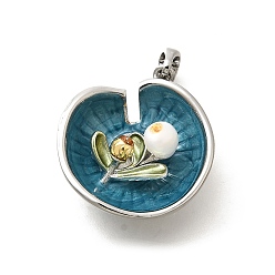 Платина Латунные подвески в виде листьев с бирюзовой эмалью, подвески-цветы из натурального пресноводного жемчуга, платина, 21x20x8 мм, отверстие : 5x3 мм