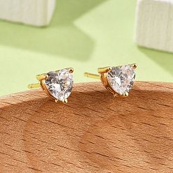 Прозрачный Женские серьги-гвоздики из латуни в форме сердца с фианитом, без кадмия и без свинца, долговечный, стойки покрытие, золотые, прозрачные, 5.5x5.5 мм