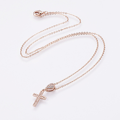 Real Rose Gold Plated Brass Micro Pave Cubic Zirconia Pendant Necklaces, with Brass Cable Chains, Real Rose Gold Plated, Cross, 17.7 inch(45cm)