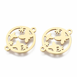 Golden 201 Stainless Steel Links Connectors, Laser Cut, Flat Round with Butterfly, Golden, 16x20.5x1mm, Hole: 1.2mm
