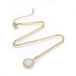 Letter P Brass Initial Pendant Necklaces, with Shell, Cubic Zirconia and 304 Stainless Steel Cable Chains, Flat Round with Letter, Letter.P, 17.5 inch(44.5cm), 1.5mm