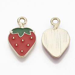 Red Alloy Enamel Pendants, Light Gold, Strawberry, Red, 20.5x13x2mm, Hole: 2mm