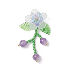 Средний Фиолетовый Подвески из стеклянных бусин, цветочные подвески с акриловыми листьями, золотые, средне фиолетовый, 47x30x11 мм, отверстие : 2x1 мм