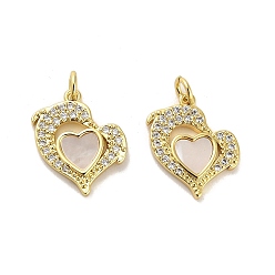 Heart Brass Micro Pave Clear Cubic Zirconia Pendants, Cadmium Free & Lead Free, with Shell, Jump Rings, Real 18K Gold Plated, Heart, 15x14x2mm, Hole: 2.5mm