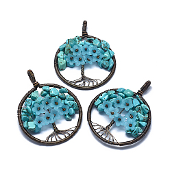 Howlite Natural Howlite Pendants, Dyed & Heated, with Acrylic and Brass Findings, Flat Round with Tree of Life, 59x47~47.5x9.5~10mm, Hole: 4mm