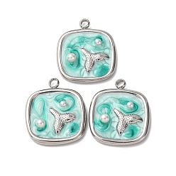 Весенне-зеленый 304 нержавеющей стальной эмали подвески, с абс пластмассовыми жемчужными бисером, квадрат с рыбьим хвостом, весенний зеленый, 18.5x16x4 мм, отверстие : 1.8 мм