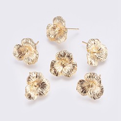 Real 18K Gold Plated Brass Stud Earrings Findings, with Loop, For Half Drilled Beads, Long-Lasting Plated, Flower, Nickel Free, Real 18K Gold Plated, 16x3mm, Hole: 0.8mm, Pin: 0.8mm