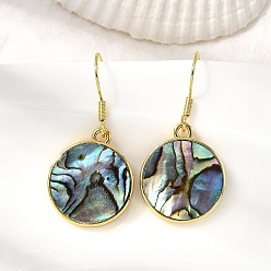 Плоский Круглый Латунные серьги с подвесками из натуральной ракушки пауа, долговечный, стойки покрытие, реальный 18 k позолоченный, плоско-круглые, 35.5x17.5 мм