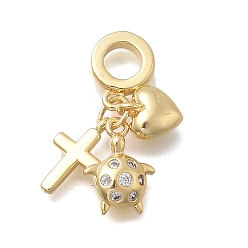 Turtle Латунь микропаве прозрачный кубический цирконий европейские подвески с подвесками, подвески в форме креста и сердца с большим отверстием, без кадмия и без свинца, долговечный, стойки покрытие, реальный 18 k позолоченный, черепаха, 26.5 мм, отверстие : 5.5 мм