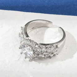 Платина Регулируемые манжеты-кольца из латуни с микропаве из кубического циркония для женщин, стойки покрытие, без кадмия и без свинца, долговечный, платина, 11 мм, внутренний диаметр: регулируемый