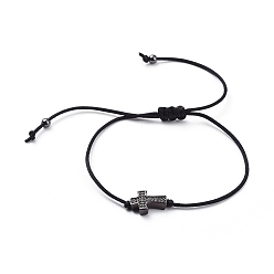Gunmetal Unisex Nylon Thread Braided Bead Bracelets, with Brass Micro Pave Cubic Zirconia Beads and Brass Beads, Cross, Gunmetal, 11-7/8 inch(30cm), 1mm