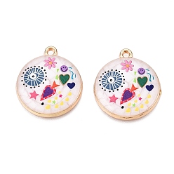 Разноцветный Подвески из эмали из сплава с печатным покрытием стойки, золотые, плоский круглый с подвеской в виде глаз и сердца, красочный, 28.5x25x4 мм, отверстие : 1.8 мм