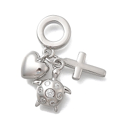 Turtle Латунь микропаве прозрачный кубический цирконий европейские подвески с подвесками, подвески в форме креста и сердца с большим отверстием, без кадмия и без свинца, долговечный, стойки покрытие, платина, черепаха, 26.5 мм, отверстие : 5.5 мм