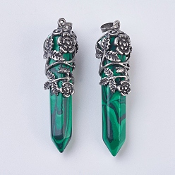 Малахит Синтетические малахитовые остроконечные подвески, с латунной фурнитурой античного бронзового тона, граненые, пуля, цветок, 58~61x15~17 мм, отверстие : 5x7 мм