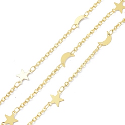 Golden Brass Beaded Chains, with Spool, Long-Lasting Plated, Moon & Star, Soldered, Golden, 1.5~10x1~7x0.2mm, about 10.93 yards(10m)/roll