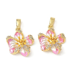 Pink Латунные микро проложить кубического циркония подвески, с эмалью, цветок, реальный 18 k позолоченный, розовые, 16x15x5.5 мм, отверстие : 2.5x5 мм