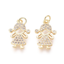 Золотой Латунные подвески, с прозрачным кубическим цирконием и прыжковыми кольцами, девушка, золотые, 16x10x2 мм, отверстие : 2 мм