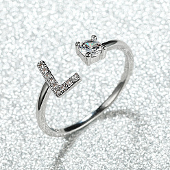 Letter L Манжеты из латуни с микро паве кубический цирконий для женщин, открытые кольца, платина, Письмо L, внутренний диаметр: 16~19 мм