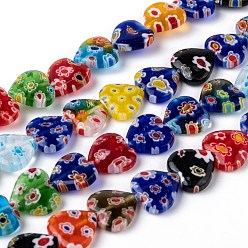 Coloré Millefiori main brins coeur en verre de perles, colorées, 12x12x3.5mm, Trou: 1mm