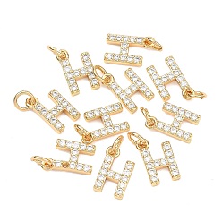 Letter H Colgantes Shegrace de latón con microengaste de circonitas cúbicas transparentes, sin níquel, real 18 k chapado en oro, encantos de la letra h, 12.5x8.5x2.5 mm, anillo de salto: 5x1 mm, diámetro interior: 3 mm