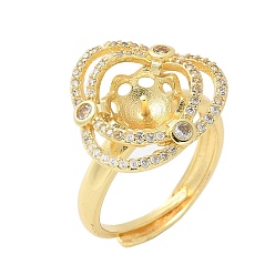 Золотой Цветочная латунь микропаве кубический цирконий регулируемые настройки кольца, за половину пробурено бисера, стойки покрытие, долговечный, без свинца и без кадмия, золотые, внутренний диаметр: 17.2 мм, лоток : 17x17.5 мм, штифты : 3x0.8 мм