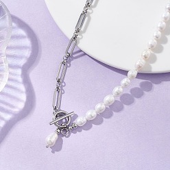 Нержавеющая Сталь Цвет 304 Цепочка Фигаро из нержавеющей стали, ожерелье из натурального культивированного пресноводного жемчуга, бусы в форме рисовых зерен с застежками., белые, цвет нержавеющей стали, 16.22 дюйм (41.2 см)