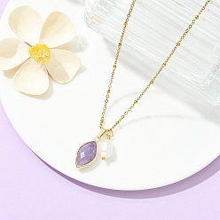 Лепидолит Подвеска из натурального лепидолита с огранкой «конский глаз» и натурального жемчуга 304 цепочка-колье из нержавеющей стали для женщин, золотые, 17.72 дюйм (45 см)