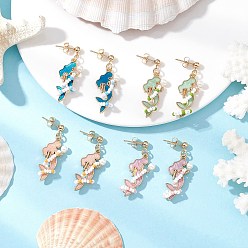 (52) Непрозрачная лаванда Русалка 304 серьги-гвоздики из нержавеющей стали со стеклянными бусинами, с подвесками из нейлоновой проволоки и эмалевого сплава, а также экологически чистыми круглыми жемчужинами из окрашенного стекла, золотые, разноцветные, 37.5x14.5 мм, 4 пар / набор