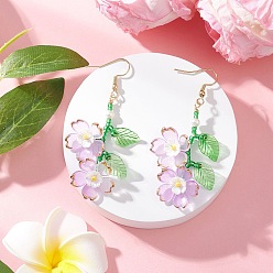 Фиолетовый Акриловые серьги-подвески в виде цветка, с колпачками из искусственного жемчуга из смолы, со стеклянными бусинами и 304 крючками для сережек из нержавеющей стали, золотые, фиолетовые, 62.5 мм