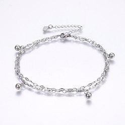 Stainless Steel Color Tarnish Resistant 304 Stainless Steel Multi-strand Bracelets, with Lobster Claw Clasps, Heart, Stainless Steel Color, 9 inch(23cm), 2~2.5mm, Charms: 10x5mm