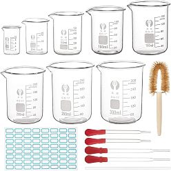 Transparent Becherglas Messbecher, mit abgestuften Messungen, für das Labor, mit Glastropfer, Glasrührstab, wasserdichte Aufkleberetiketten und Schweinehaarbecherbürste, Transparent, 200x150x100 mm