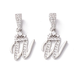 Letter W Кулоны из экологически чистой латуни с микропаве и кубическим цирконием, долговечный, Реальная платина, без кадмия и без свинца, буквы, буква.w, 16~20x7~11.5x1.5~2.2 мм, отверстие : 6.5x3.5 мм