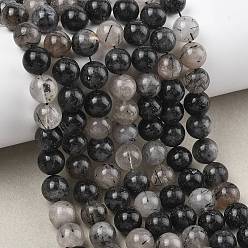 Кварц Турмалинизации  Натуральный турмалированный кварц / черный рутиловый кварц, круглые, 10~10.5 мм, отверстие : 1.2 мм, около 7~8 шт / нитка, 29.53'' (75 см) ~ 31.50'' (80 см)