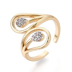 Настоящее золото 18K Открытые манжеты из латуни с микропаве и прозрачным фианитом, слеза, реальный 18 k позолоченный, 20x12 мм, внутренний диаметр: 17 мм