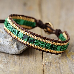 Малахит Браслеты из натурального малахита и коровьей кожи, плетеные из бусин., регулируемые браслеты для женщин мужчин, квадратный, 6.69~9.06 дюйм (17~23 см)