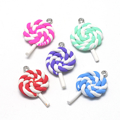 Mixed Color Handmade Polymer Clay Pendants, Lollipop, Mixed Color, 36~41x21~25x5~6mm, Hole: 2mm