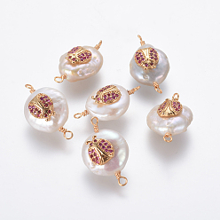 Темно-Розовый Соединители звеньев натурального жемчуга, с латунными микро проложить кубических выводы циркония, плоский круг с божьей коровкой, золотые, темно-розовыми, 19~22x11~14x6~8 мм, отверстие : 1.6 мм