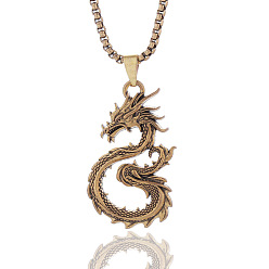 Antique Golden New Year's Day Alloy Dragon Pendant Necklaces, Antique Golden, 27.56 inch(70cm)