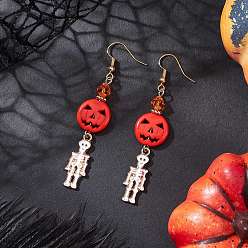 Золотой Латунная тыква со скелетом, подвесные серьги, с подвесками ручной работы из эмали и сплава, золотые, золотые, 70x10 мм